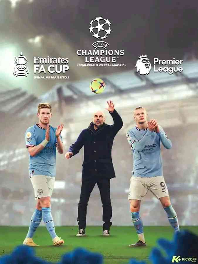 🏆 Premier League  🏆 Champions League 🏆 FA Cup   Manchester City aims to make history with their first-ever treble under the leadership of Pep Guardiola. | MirrorLog