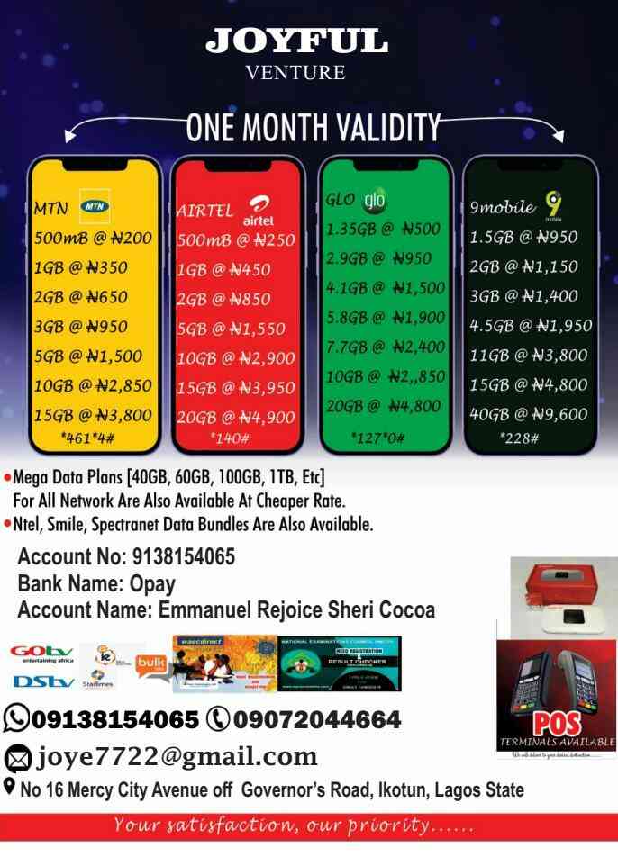 For your data and airtime top up, gotv and DStv subscription, prepaid, waec and neco checker, PS2,3,4,5 , ear piece, phone accessories contact the number or WhatsApp me | MirrorLog